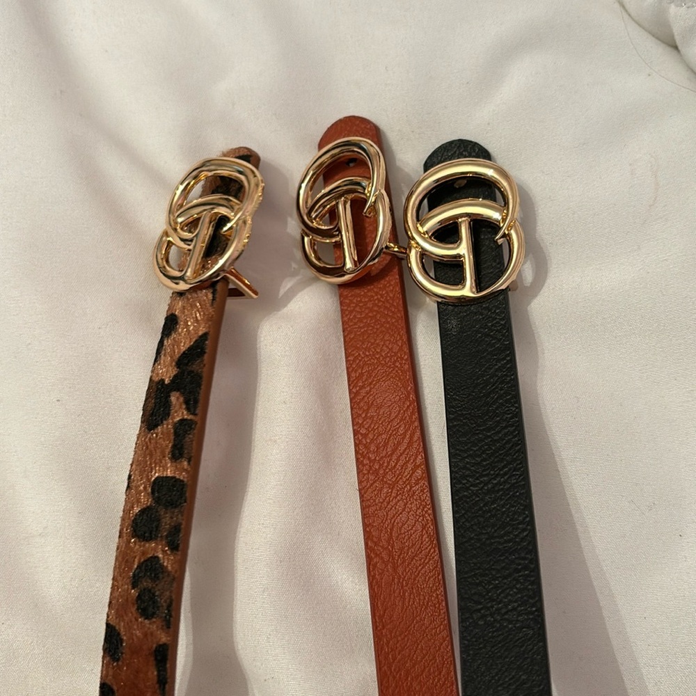 Set of 3 Designer Look Faux Leather Belts, Sz M Gold Buckle GUC